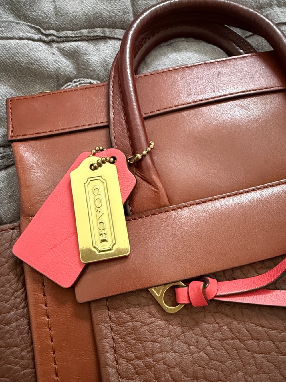 Coach Brown Leather Satchel with Pink and Yellow Tag Accents - Picture 2 of 3